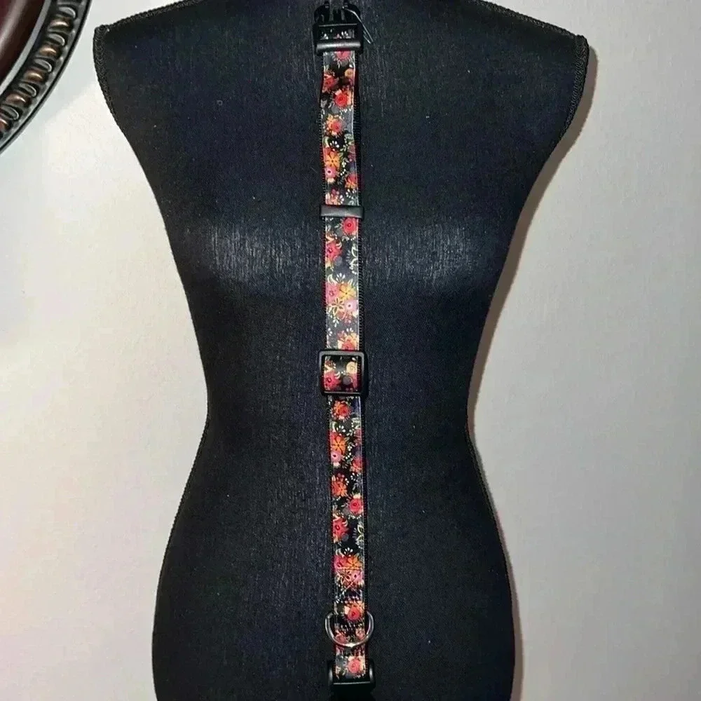 Dog Collar Orange Pink Floral Black Extra Large Heavy Duty Quick Release Collar